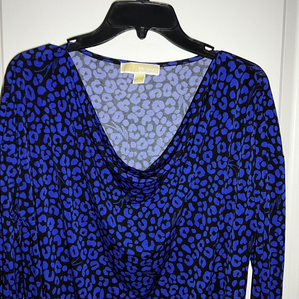 Michael Kors Womens Blue Black Leopard Print Cowl Neck Long Sleeve Dress Size M